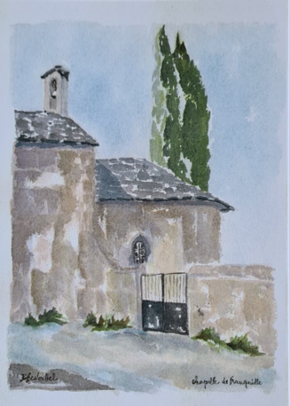 Aquarelle représentant une partie de l'église de Frangouille. Vue sur le chœur et le clocher ainsi que le mur et la porte d'accès au cimetière. trois arbres très hauts qui dépassent derrière le chœur de l'église.