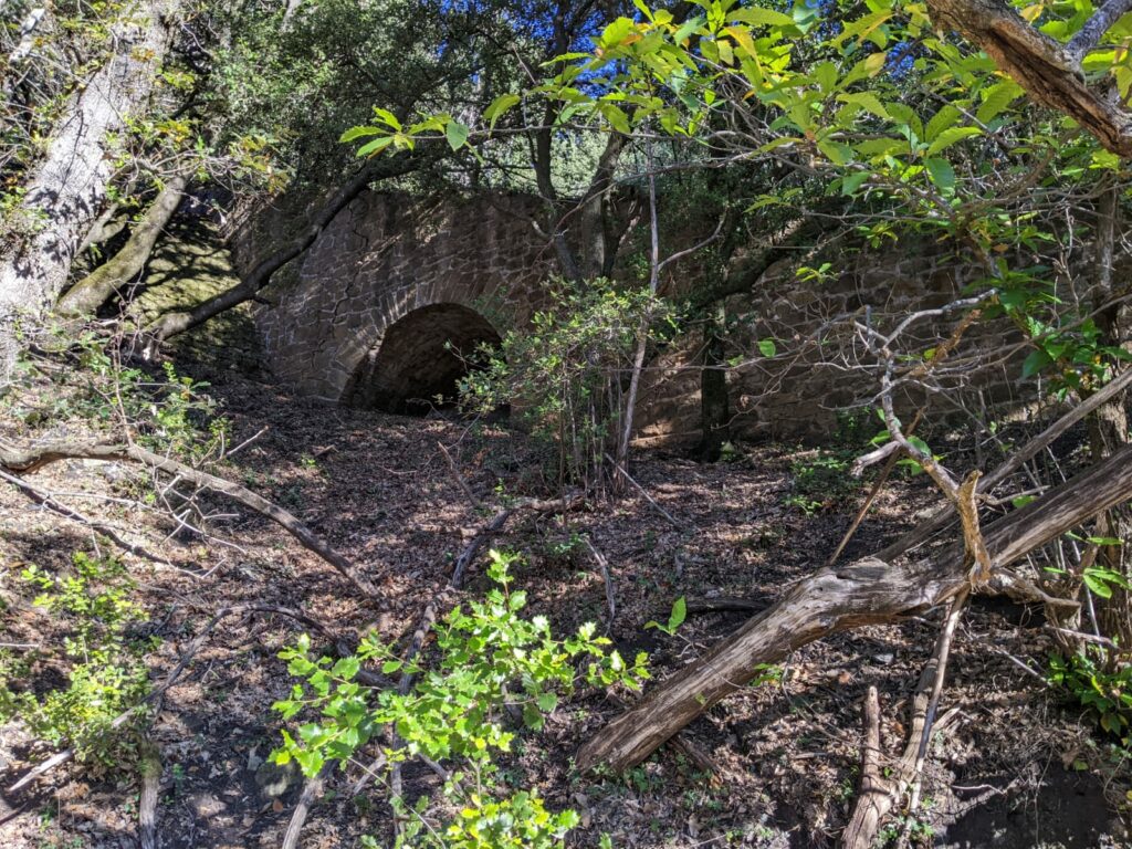 vue sur un ancien pont en pierre au milieu de la forêt. Sous le pont une arche permettant le passage d'un cours d'eau