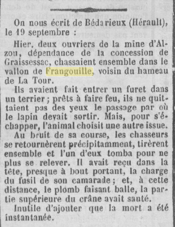 Photo d'un vieil article de journal. Texte de 22 lignes. Le mot Frangouille surligné en jaune