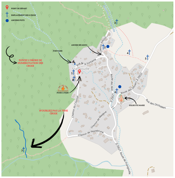 Carte de Frangouille avec la localisation des 8 croix qui existent autour du hameau de Frangouille, plus quelques informations utiles