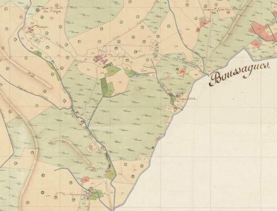 Zoom d'une carte de la commune de Camplong zoomé sur Frangouille et Sénégra avec la limite de commune de Boussagues