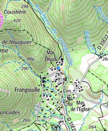 Zoom sur une carte IGN avec au centre le hameau de Frangouille