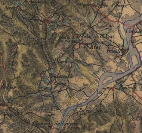 Zoom d'une carte IGN de 1866 sur papier jaunie avec Frangouille au centre. Le ruisseau de l'Orb en gris, les forets en vert foncé, les zones agricoles en clair achurées