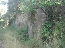 Un chemin entouré de hautes herbes qui monte. Sur la droite un mur de soutènement de 3-4 mètres de hauteur. Au début du mur on distingue le renfort du départ de l'ancien pont métallique (qui a été démonté) avec un morceau d'arche en pierre. Le mur est partiellement recouvert de végétation.