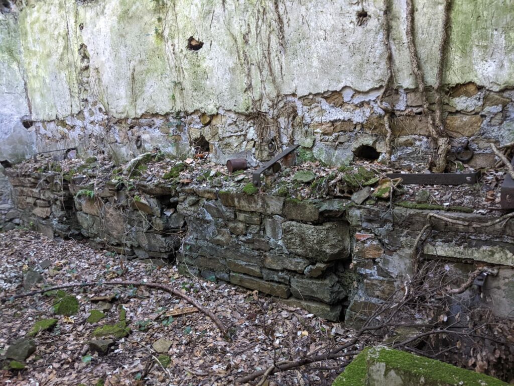 Vue sur l'intérieur de l'ancienne écurie. Un mur avec quelques trous. En bas un contre mur avec des pièces d'acier scellées dans le mur (pour attacher les chevaux ?). Au sol des feuilles, des pierres, des branches