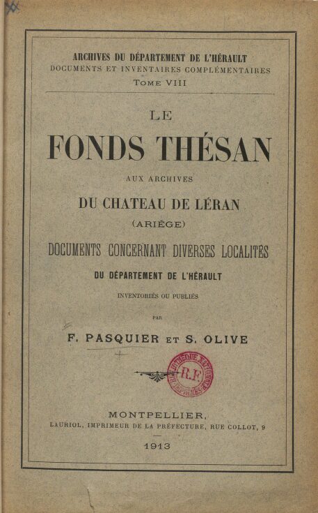 Couverture du livre "Le fonds Thésan" de F. Pasquier et S Olive paru en 1913