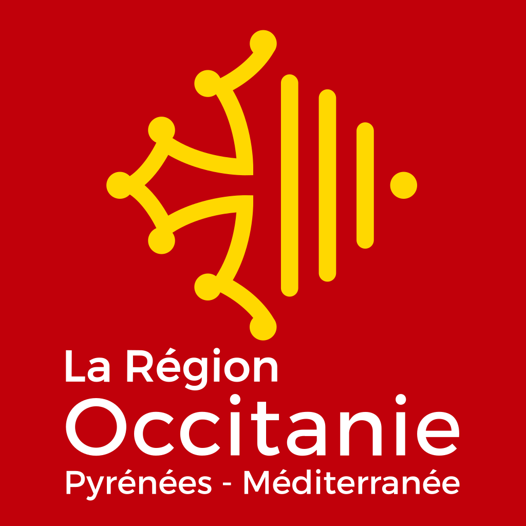 Logo de la région Occitanie. La croix occitane en jaune sur fond rouge. Le texte en blanc sur le fond rouge