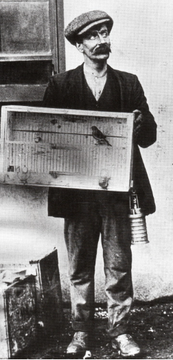 Un ancienne photo en noir et blanc. Un mineur, devant le mur d'un bâtiment, avec une casquette, une grosse moustache, les yeux tournés vers le ciel tient entre ses mains une cage en bois rectangulaire avec un oiseau. Accroché à sa veste, il y a une lampe de mineur.