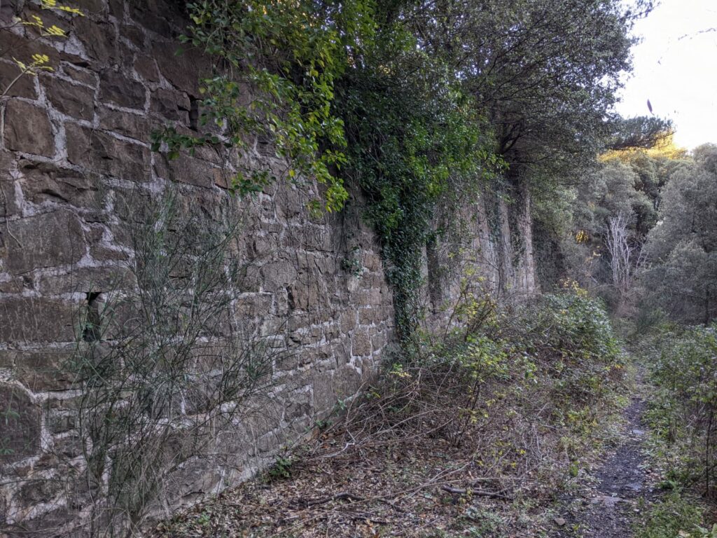 Sur la droite un chemin de terre noir, étroit entouré de végétation. Sur la gauche un mur de soutènement de 3-4 mètres de haut avec des petite ouvertes (aération ?). Le mur est partiellement recouvert de végétation