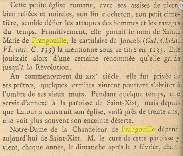 Photo d'un texte d'un livre ancien, pages jaunie, d'environ 20 lignes. Les 2 mots de Frangouille figurants dans le texte ont été surlignés en jaune