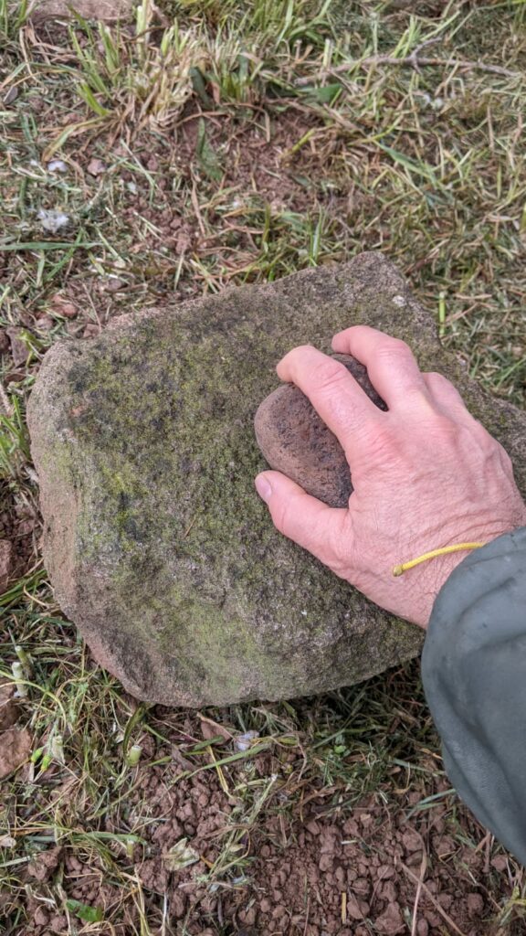 Pierre d'environ 50x3cm légèrement creusé servant de mortier avec une main qui tient une pierre presque ronde qui aurait servit de Pillon