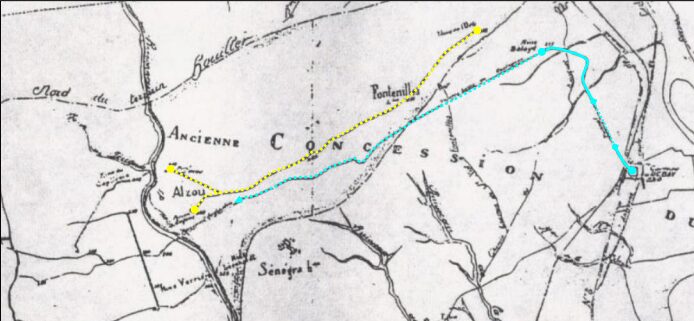 Zoom d'un ancienne carte en noir et blanc avec 2 tracés de réseaux ferroviaires, l'un en bleu l'autre en jaune