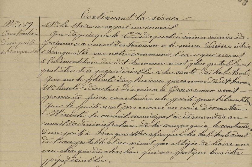 Photo d'un texte écrit à la main, (écriture penchée) pris dans un registre. Environ 15 lignes.