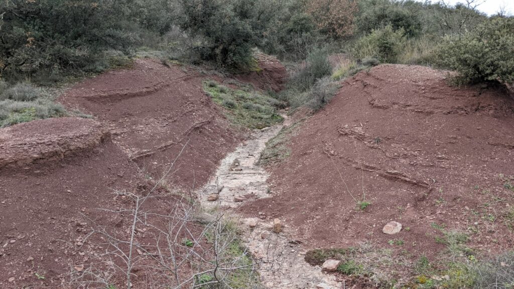 Vue sur un pan d'une colline montrant la végétation et surtout la ruffe (terre rouge) avec un petit canyon formé par le passage des eaux de ruissellement