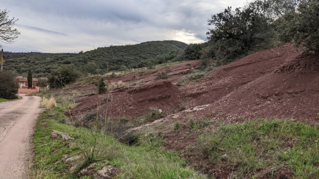 Vue sur un pan d'une colline, le long du chemin de Courtiol, montrant la végétation et surtout la ruffe (terre rouge)