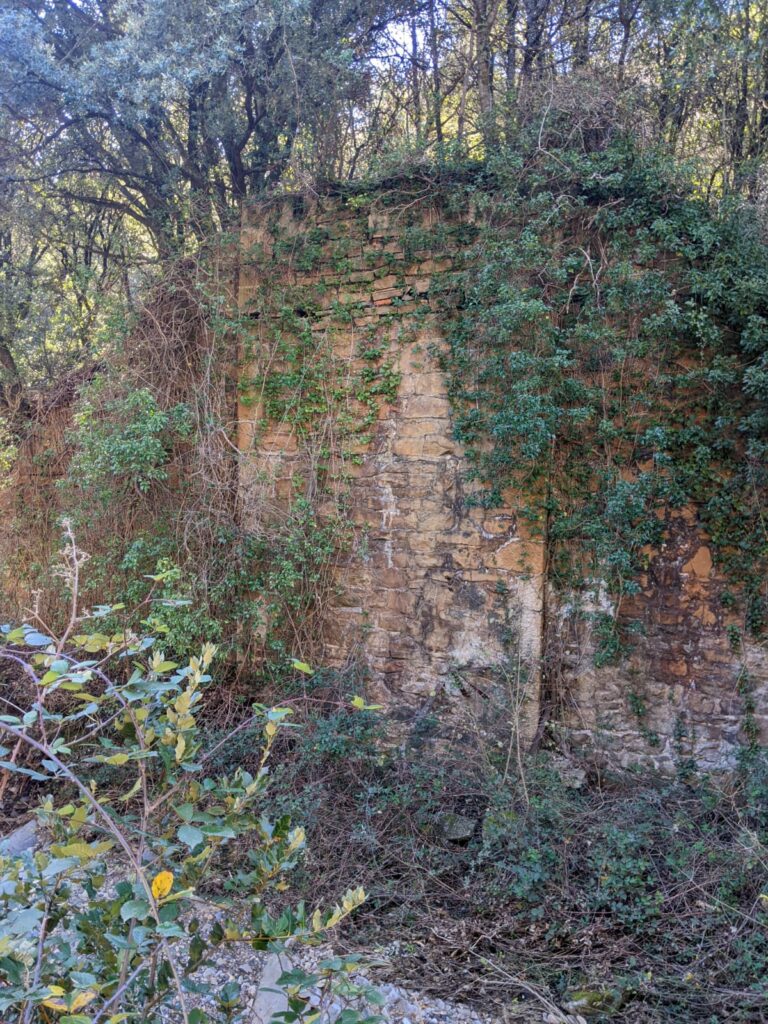 Vue sur un mur de soutènement qui longe un chemin. Au milieu de ce mur on devine le mur de renfort et le départ du pont métallique qui à été retiré. Le mur est recouvert de végétation.