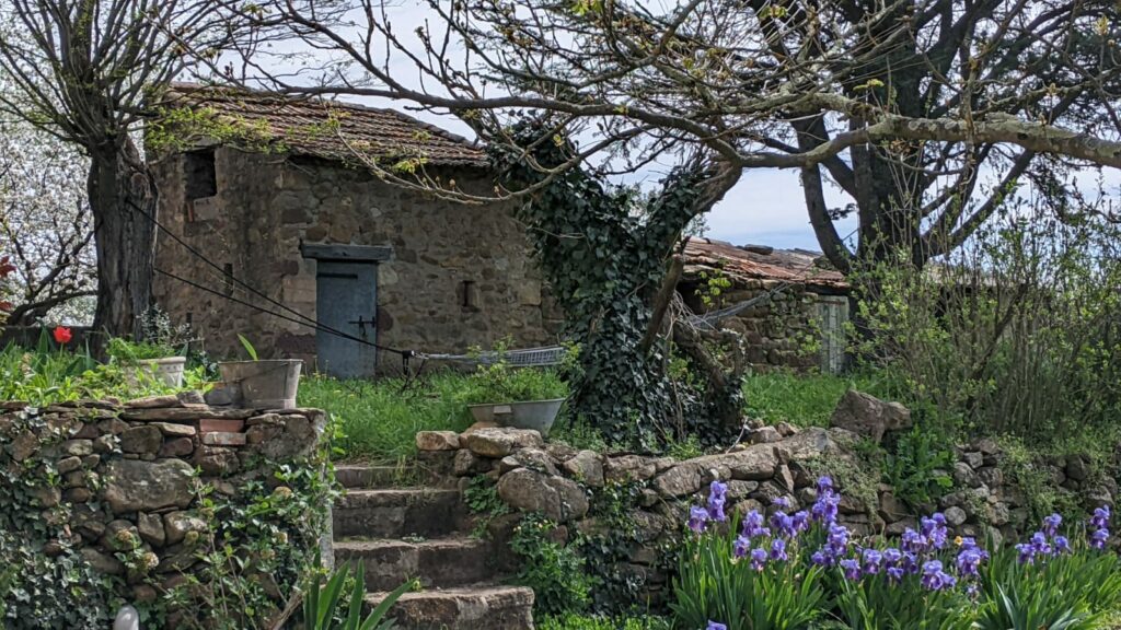 Une petite construction en pierres d'environ 4m x 4m, avec un toit une pente couvert de tuiles. Sur la photo, 2 faces de la construction sont visibles. Sur une face, il y a une vieille petite porte en bois. Sur l'autre côté en hauteur une ouverture dans le mur (fenêtre ?). Au premier plan de la photo, un jardin sur 2 niveau avec un mur en pierres sèches et un escalier de 4 marches pour les séparer. Au pied du mur en pierres sèches, des iris bleu en fleur. Devant la construction en pierres entre 2 arbres, un hamac.