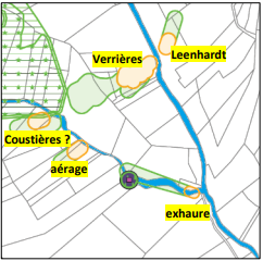 Un plan fait sur ordinateur avec 5 emplacements notés sur fond jaune, 2 ruisseaux matérialisés en bleu, des parcelles de terrains sont également matérialisées et un rond noir matérialise un autre point (?)