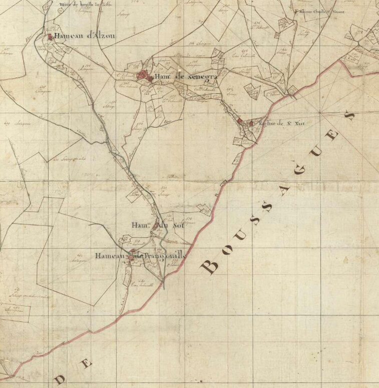 Zoom d'une carte de la commune de Camplong zoomé sur Frangouille et Sénégra avec la limite de commune de Boussagues